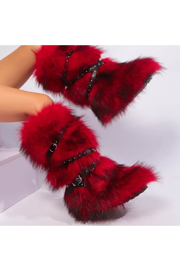Faux Boots for Women Long Knee High Boots Comfy Warm Plush Snow Boots Winter Fuzzy Outdoor Boots Fluffy Indoor Flat Shoes Red 9.5(43)