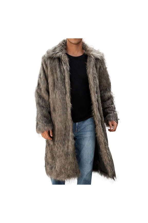 Faux Fur Coats for Men Warm Winter Long Cardigan Jackets Long Sleeve Fleece Jacket Parka Outerwear Brown
