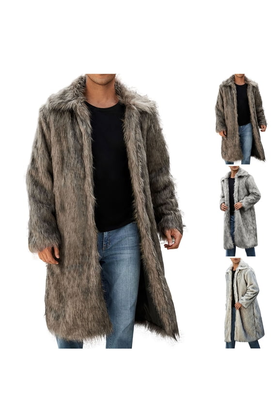 Faux Fur Coats for Men Warm Winter Long Cardigan Jackets Long Sleeve Fleece Jacket Parka Outerwear White