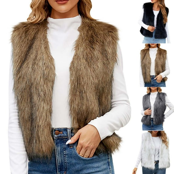 Miluxas Faux Fur Vests for Women Winter Open Front Lapel Coat Soft Shaggy Faux Fleece Jacket Casual Sleeveless Outerwear White 10(XL)