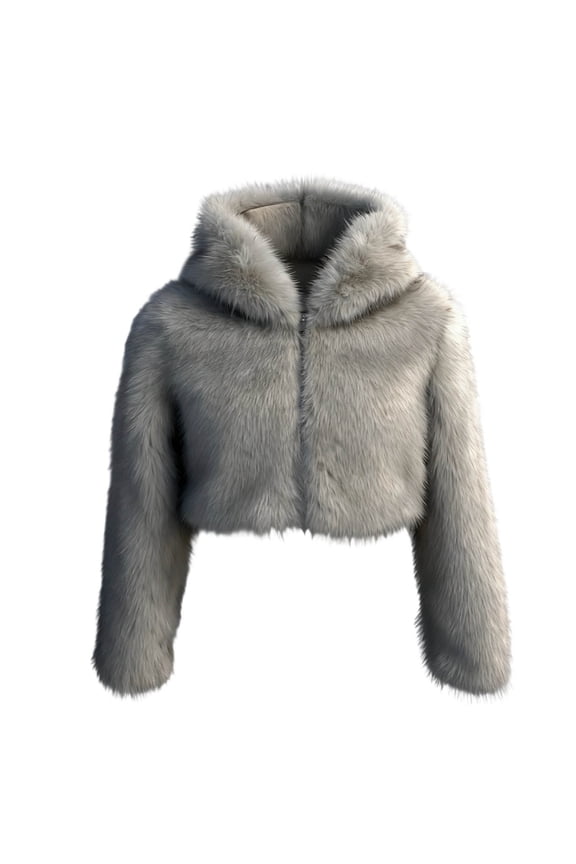 Faux Plush Coat for Women with Hood Solid Cropped Coats Fleece Short Warm Jackets Plus Size Winter Coats for Women Gray S(S)