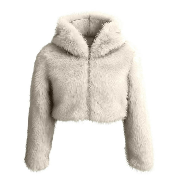 Miluxas Faux Plush Coat for Women with Hood Solid Cropped Coats Fleece Short Warm Jackets Plus Size Winter Coats for Women White L(L)