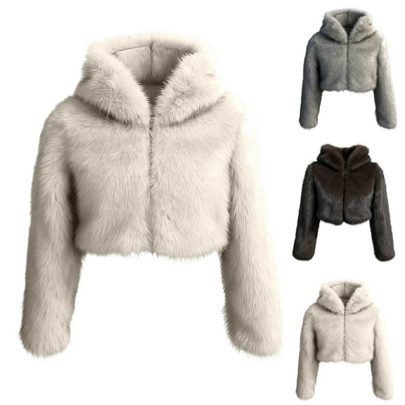 Miluxas Faux Plush Coat for Women with Hood Solid Cropped Coats Fleece Short Warm Jackets Plus Size Winter Coats for Women White XL(XL)