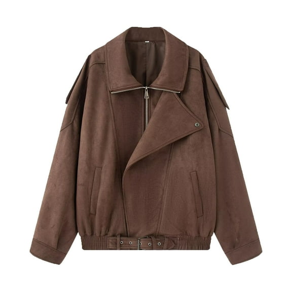 Miluxas Faux Suede Jacket Women Fall Fashion Leather Jackets Long Sleeve Zipper Loose Winter Coats with Pockets Coffee XS(XS)