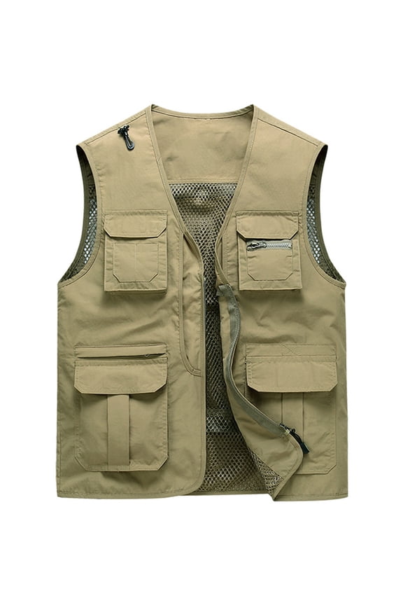 Fishing Cargo Vest Jacket Men's Casual Outdoor Work Safari Fishing Travel Photo Cargo Vest Jacket Multi Pockets Khaki 10(XXL)