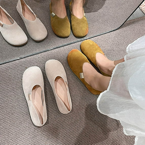 Miluxas Flat Mary Jane Shoes for Women Slip-On Ballet Comfortable Suede Round Toe Soft Solid Dress Business Casual office Work Shoes for Women Khaki 7.5(40)