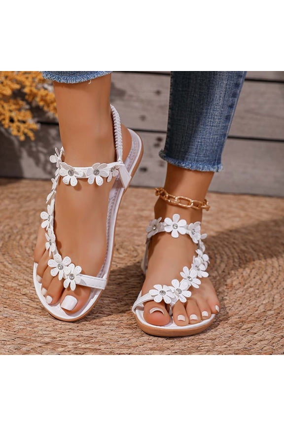Flat Sandals Women Dressy Summer, Bohemian Lace Flower Beach Flip Flops Elegant Bridal Sandals Toe Ring Strappy Wedding White 7(39)