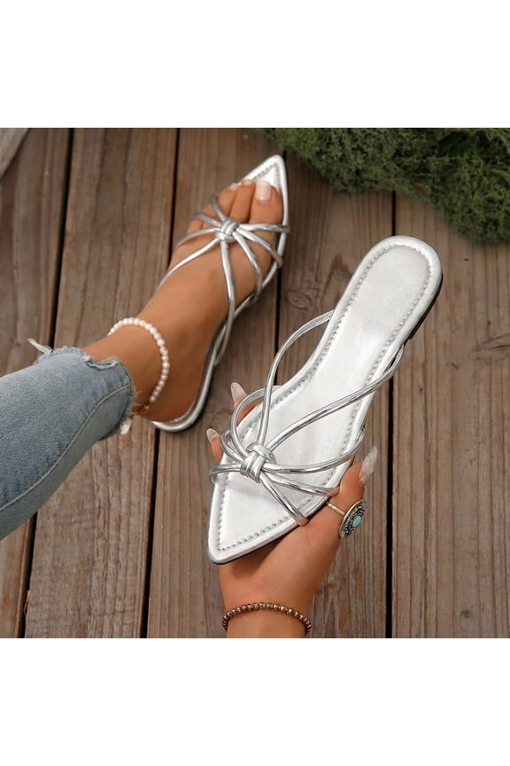 Flat Slide Sandal for Women Open Pointed Toe Leather Slippers Low Heel Slip on Comfortable Dressy Summer Beach Shoes Silver 8.5(41)