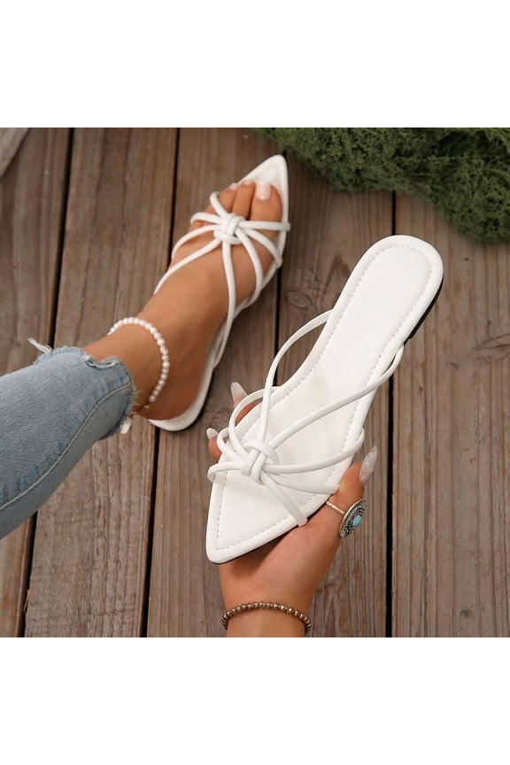 Flat Slide Sandal for Women Open Pointed Toe Leather Slippers Low Heel Slip on Comfortable Dressy Summer Beach Shoes White 7(39)