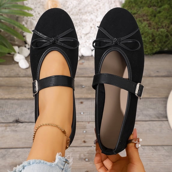 Miluxas Flats for Women Closed Round Toe Ballet Flats Mary Jane Shoes Women with Elastic Strap Cute Bowknot Comfortable Dress Shoes for Daily Work Casual Wear Black 6.5(38)