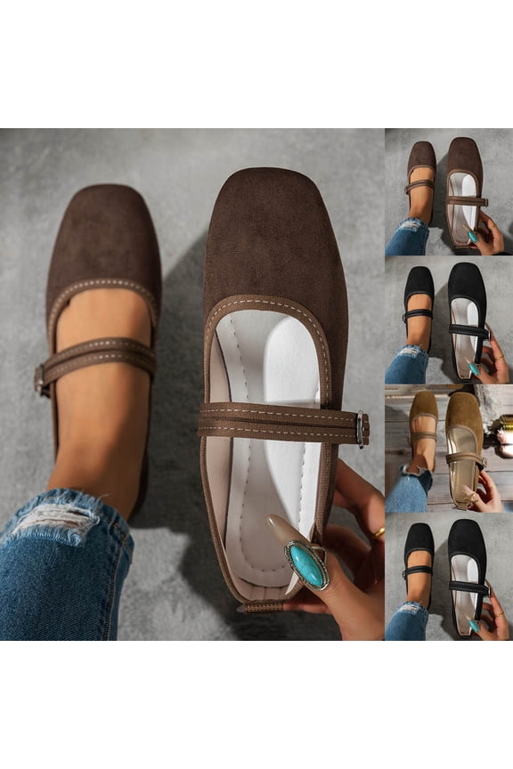 Flats for Women Ballet Suede Flat Soft Soled Buckle Square Toe Comfort Light Shoes office Low Top Flats Coffee 9.5(43)