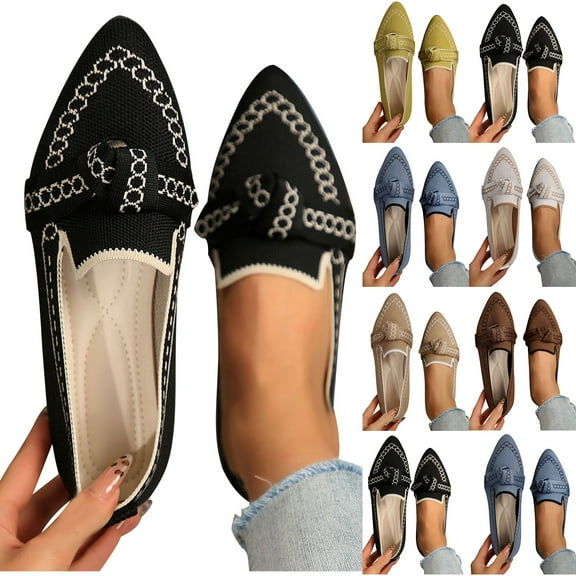Miluxas Flats for Womens Pointed Toe Ballet Flats with Bow Comfortable Knit Dressy Flats White 9.5(43)