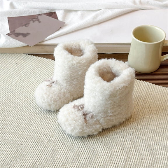 Miluxas Fleece Boots for Toddler Girls Fluffy Snow Boots Mid Calf Winter Warm Outdoor Flat Boots for Kids Beige 6.5(21)