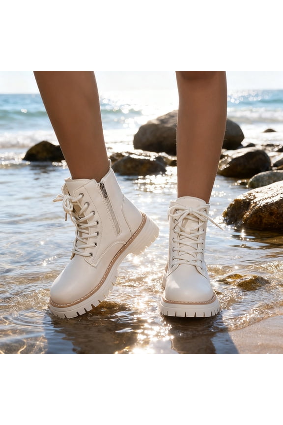 Fleece Boots for Women Winter Warm Ankle Boot Lace Up Platform Shoes Round Toe Booties White 6.5(38)
