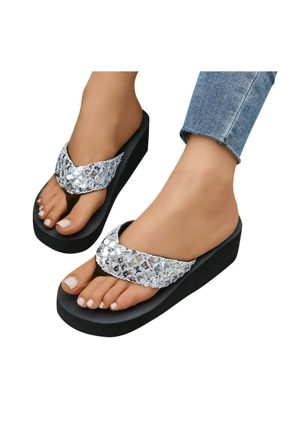 Flip Flops for Women Platform Wedge Beach Bling Rhinestone Sandals Silver 7.5(40)