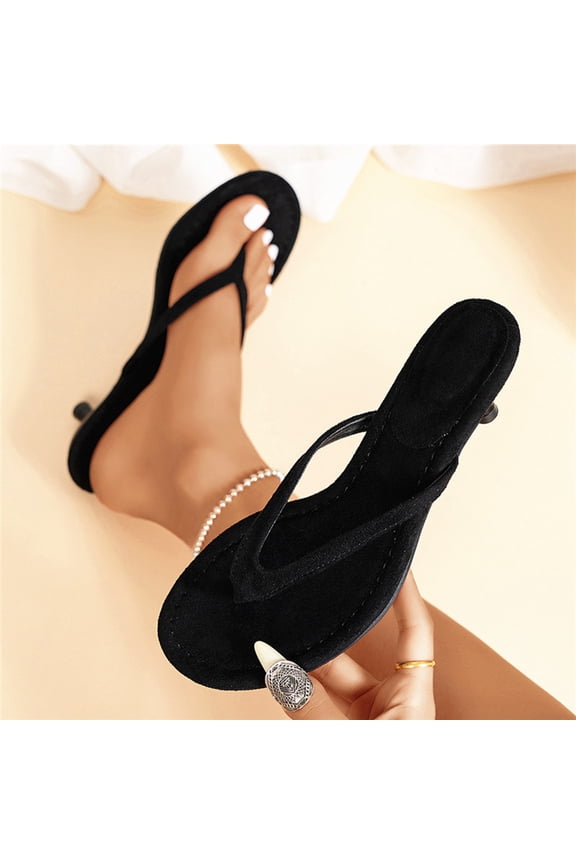 Flip Flops for Women Open Round Toe Thong Heeled Sandals Low Kitten Heels Comfortable Summer Slip On Slides Shoes Black 6(37)
