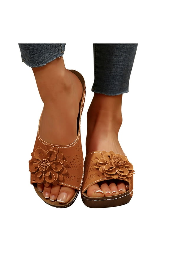 Floral Cutout Women's Leather Soft Insole Arch Support Sandals , Retro Bohemian Wedge Slippers Brown 9(42)