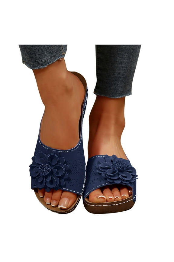 Floral Cutout Women's Leather Soft Insole Arch Support Sandals , Retro Bohemian Wedge Slippers Navy 8.5(41)