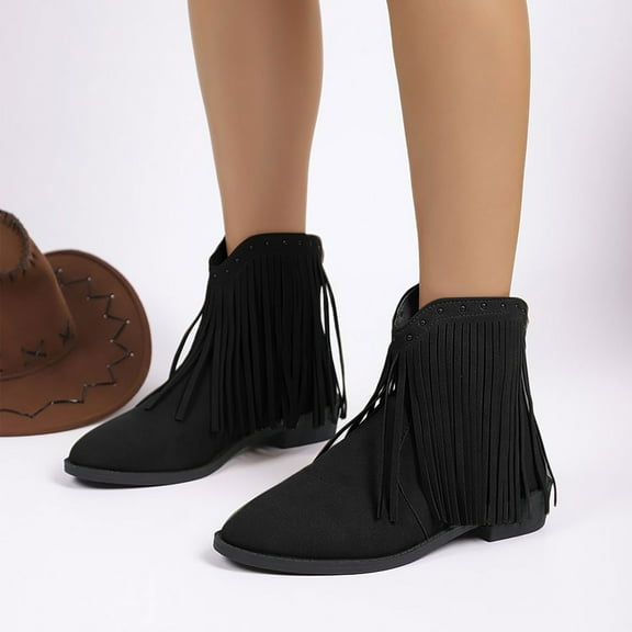 Miluxas Fringe Ankle Cowboy Boots for Women Short Cowgirl Booties Western Fringed Tassel Ankle Boots Suede Chunky Block Heel Black 5.5(36)