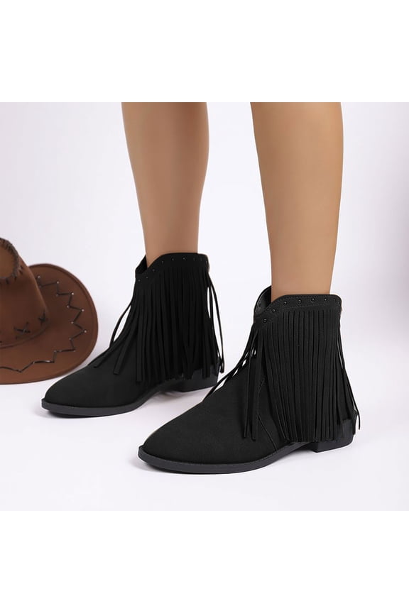Fringe Ankle Cowboy Boots for Women Short Cowgirl Booties Western Fringed Tassel Ankle Boots Suede Chunky Block Heel Black 8.5(41)