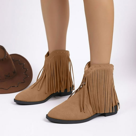 Miluxas Fringe Ankle Cowboy Boots for Women Short Cowgirl Booties Western Fringed Tassel Ankle Boots Suede Chunky Block Heel Khaki 9.5(43)