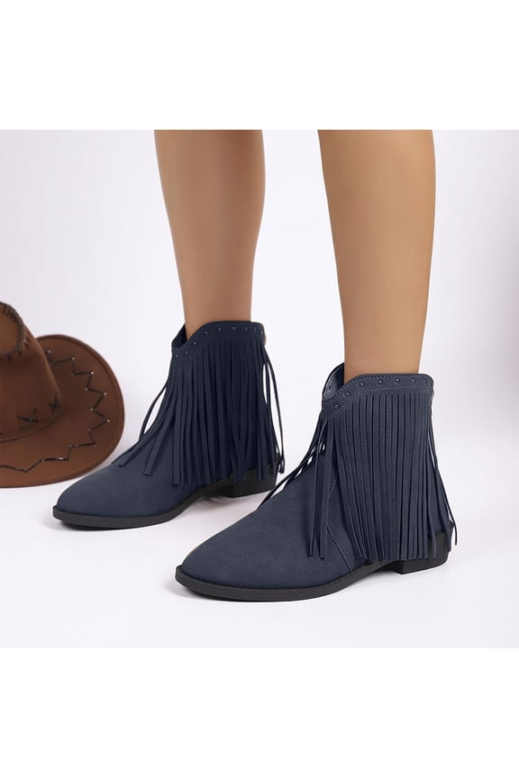 Fringe Ankle Cowboy Boots for Women Short Cowgirl Booties Western Fringed Tassel Ankle Boots Suede Chunky Block Heel Navy 9(42)