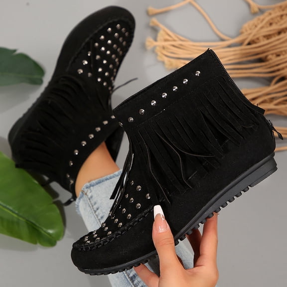 Miluxas Fringe Boots for Women Western Cowgirl Ankle Boots Suede Round Toe Flats Pull On Short Boots with Tassels Retro Winter Low Heel Ankle Booties Black 8.5(41)