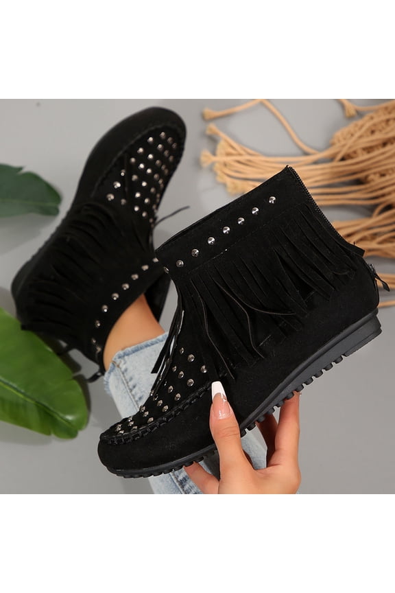 Fringe Boots for Women Western Cowgirl Ankle Boots Suede Round Toe Flats Pull On Short Boots with Tassels Retro Winter Low Heel Ankle Booties Black 8.5(41)