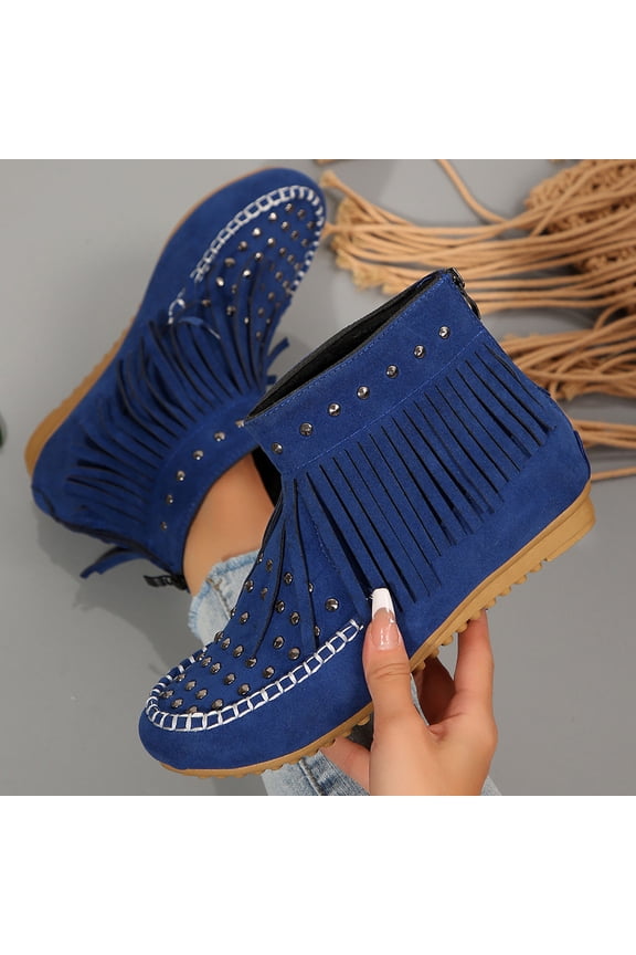 Fringe Boots for Women Western Cowgirl Ankle Boots Suede Round Toe Flats Pull On Short Boots with Tassels Retro Winter Low Heel Ankle Booties Blue 7(39)