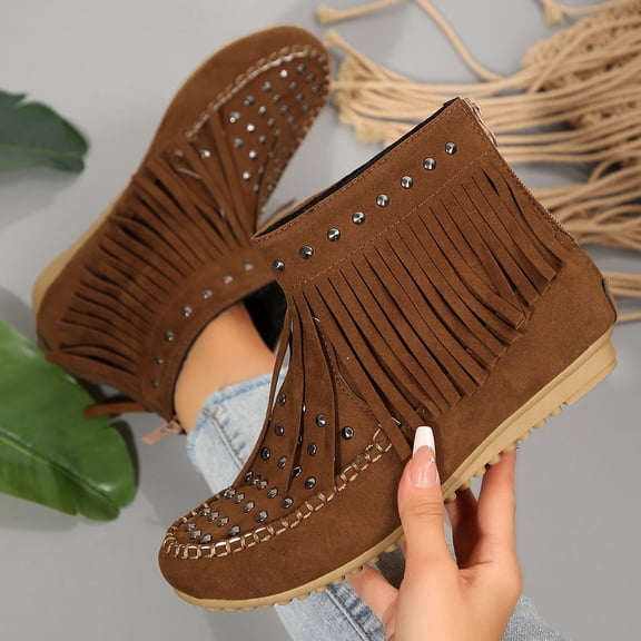 Miluxas Fringe Boots for Women Western Cowgirl Ankle Boots Suede Round Toe Flats Pull On Short Boots with Tassels Retro Winter Low Heel Ankle Booties Brown 9(42)