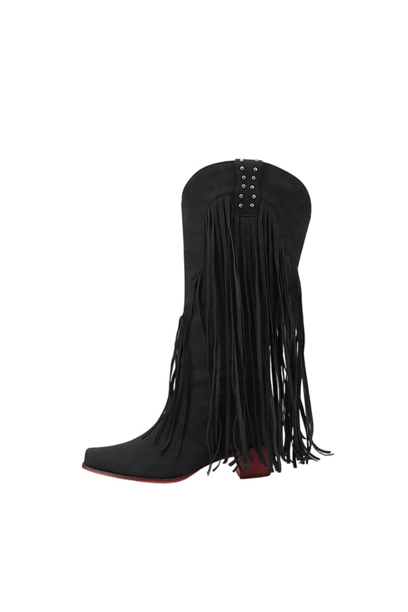 Fringe Boots for Women Western Metal Tassel Comfortable Square Toe Thick Heel Cowgirl Mid Calf Boots Black 5.5(36)