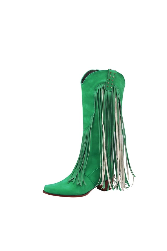 Fringe Boots for Women Western Metal Tassel Comfortable Square Toe Thick Heel Cowgirl Mid Calf Boots Green 5.5(36)