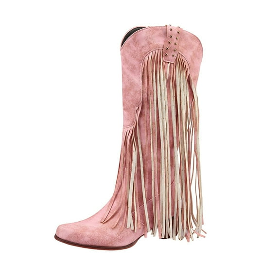 Miluxas Fringe Boots for Women Western Metal Tassel Comfortable Square Toe Thick Heel Cowgirl Mid Calf Boots Pink 7.5(40)