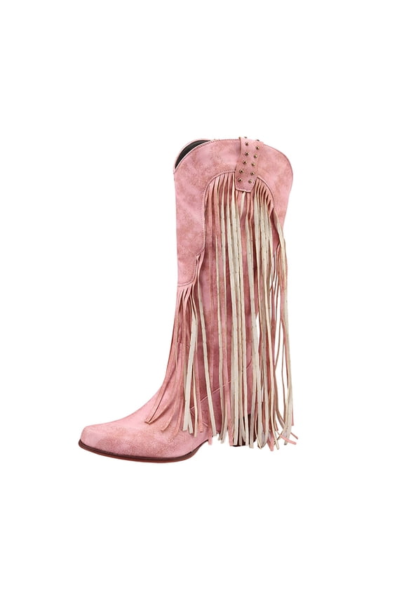 Fringe Boots for Women Western Metal Tassel Comfortable Square Toe Thick Heel Cowgirl Mid Calf Boots Pink 8.5(41)