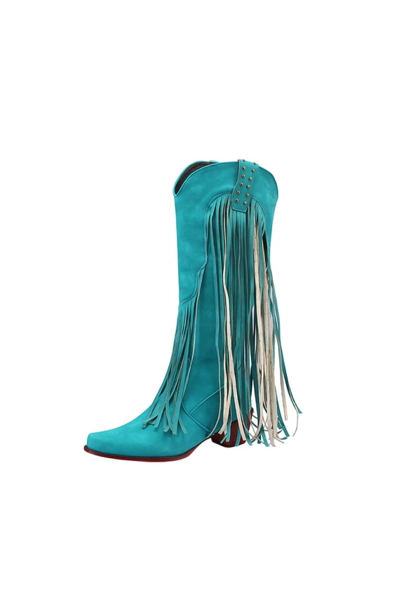 Fringe Boots for Women Western Metal Tassel Comfortable Square Toe Thick Heel Cowgirl Mid Calf Boots Sky Blue 7(39)