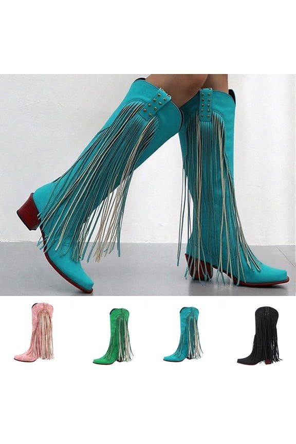 Fringe Boots for Women Western Metal Tassel Comfortable Square Toe Thick Heel Cowgirl Mid Calf Boots Sky Blue 9.5(43)