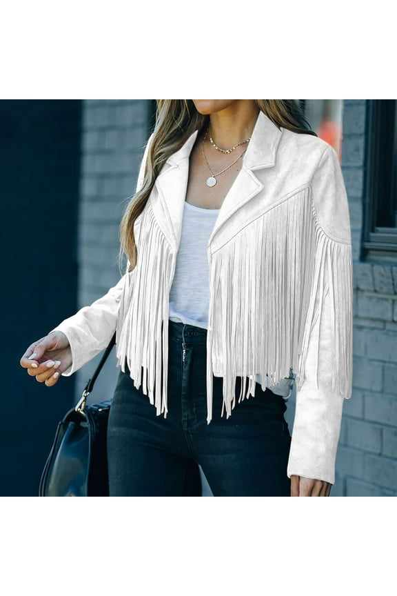 Fringe Coat for Women Faux Suede Leather Cowboy Style Coat Long Sleeve Tassels Cardigan Coat White 8(L)