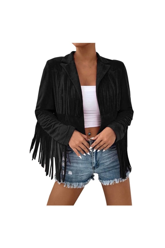 Fringe Jacket Women Long Sleeve Vintage Coats Open-Front Tassel Cardigan Casual Outerwear Black L(L)