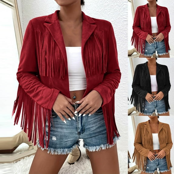 Miluxas Fringe Jacket Women Long Sleeve Vintage Coats Open-Front Tassel Cardigan Casual Outerwear Wine XL(XL)
