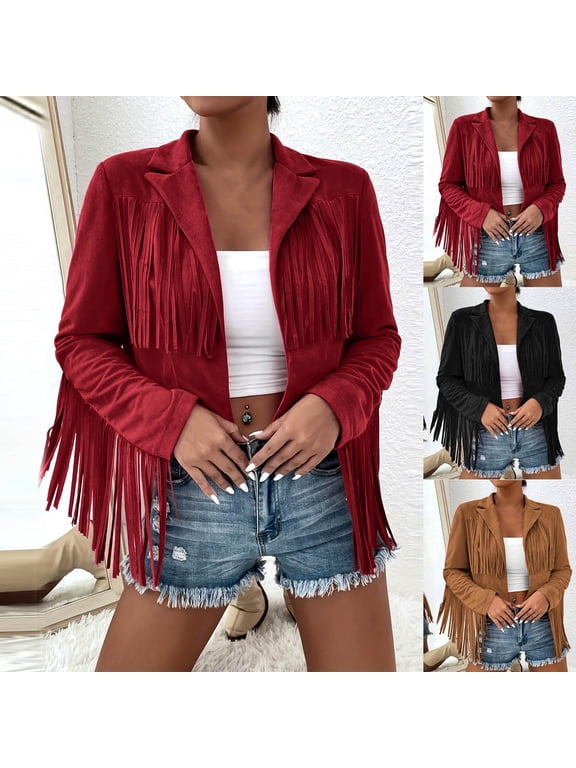 Fringe Jacket Women Long Sleeve Vintage Coats Open-Front Tassel Cardigan Casual Outerwear Wine XL(XL)