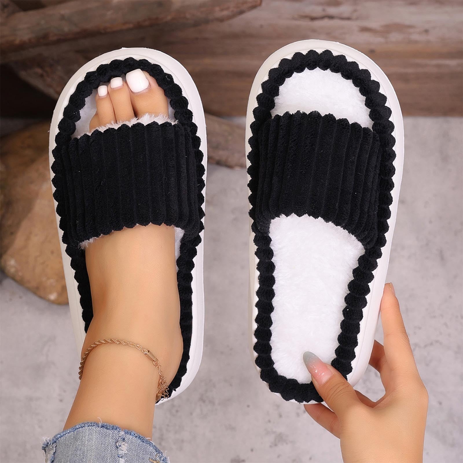 Miluxas Fuzzy Open Toe Slippers for Women Indoor Cozy Memory Foam Slip ...
