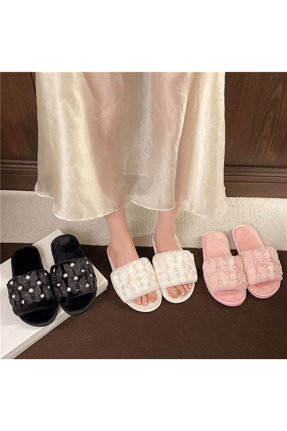 Fuzzy Slippers for Women Glitter Shiny House Shoes Sparkly Flat Slides Open Toe Soft White 7.5(40)