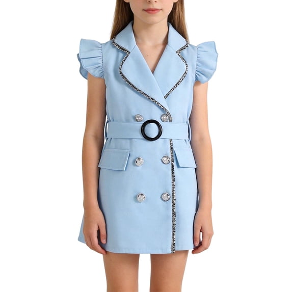 Miluxas Girl Bodycon Dresses,Business office Midi Cap Sleeve Button Pencil formal Outfits Light Blue 7-8Years
