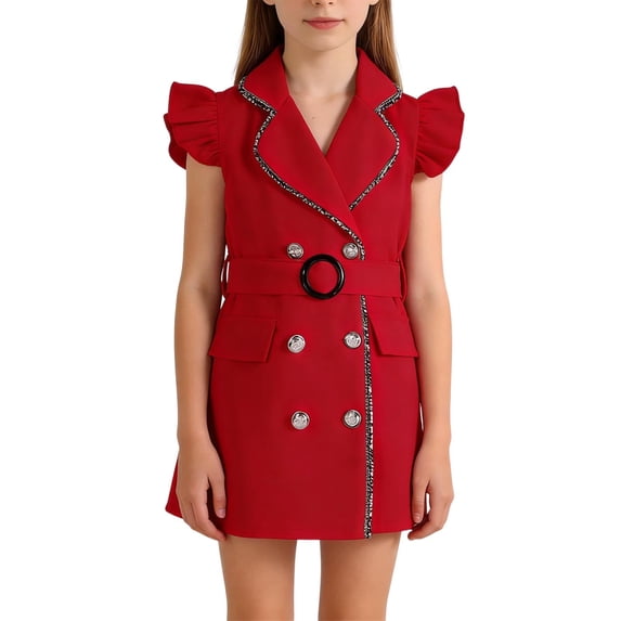 Miluxas Girl Bodycon Dresses,Business office Midi Cap Sleeve Button Pencil formal Outfits Red 7-8Years