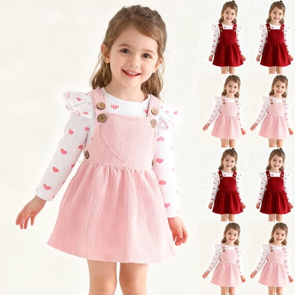 Miluxas Girl Clothes Toddler Long Sleeve Ruffle Romper Top Skirt Set Little Girl Overall Dress Red 12-18 Months