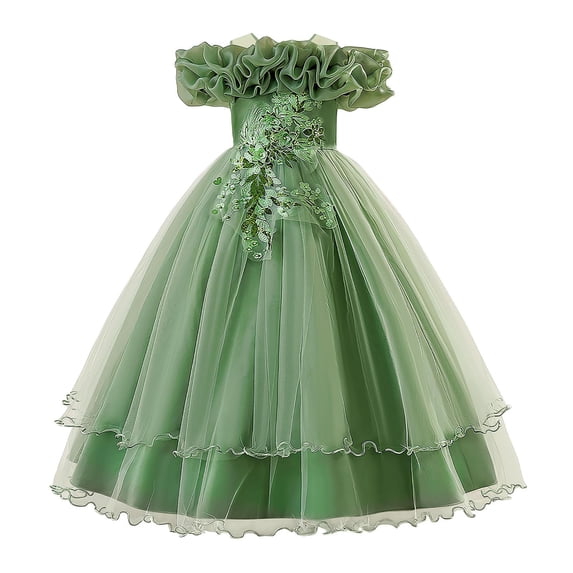 Miluxas Girl Dresses Lace Embroidery off the Shoulder Tulle Dress Communion Pageant Wedding Dance Gown Green 9-10Years