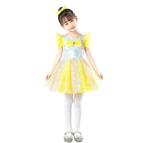 Miluxas Girl Flower Tulle Dress Elegant Toddler Birthday Party Dresses Yellow 4-5 Years