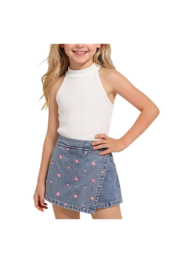 Girl Jean Outfit Flower Sleeveless Tops Denim Shorts Set Summer Girl Clothes White 3-4Years