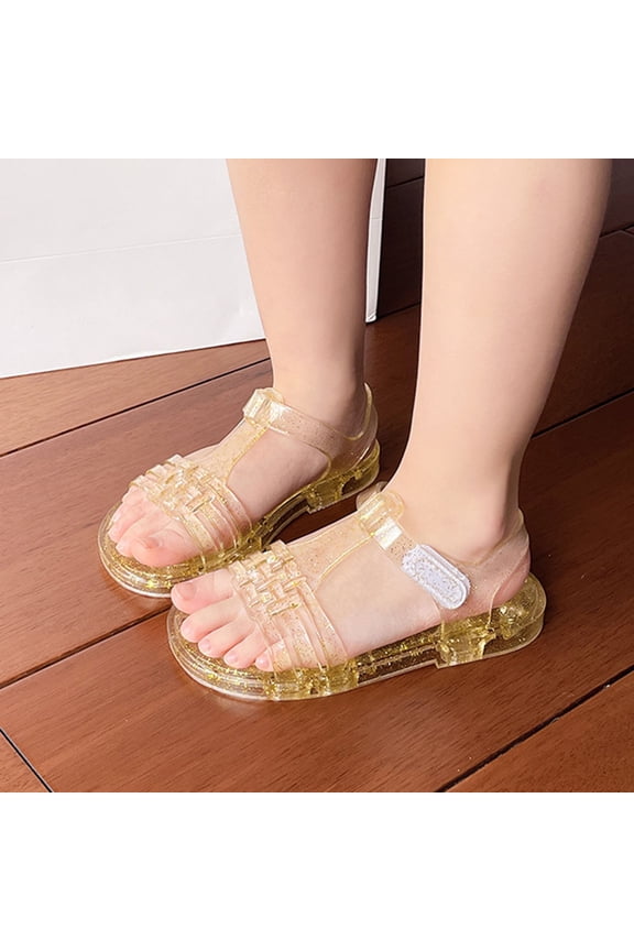 Girl Sandals Jelly Shoes Girls Flat Retro Slides Clear Water Slippers Slingback Summer Beach Adjustable Buckle Glitter Dress Soft Gold 10.5(27)