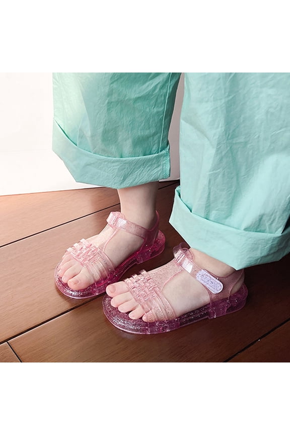 Girl Sandals Jelly Shoes Girls Flat Retro Slides Clear Water Slippers Slingback Summer Beach Adjustable Buckle Glitter Dress Soft Hot Pink 10(26)